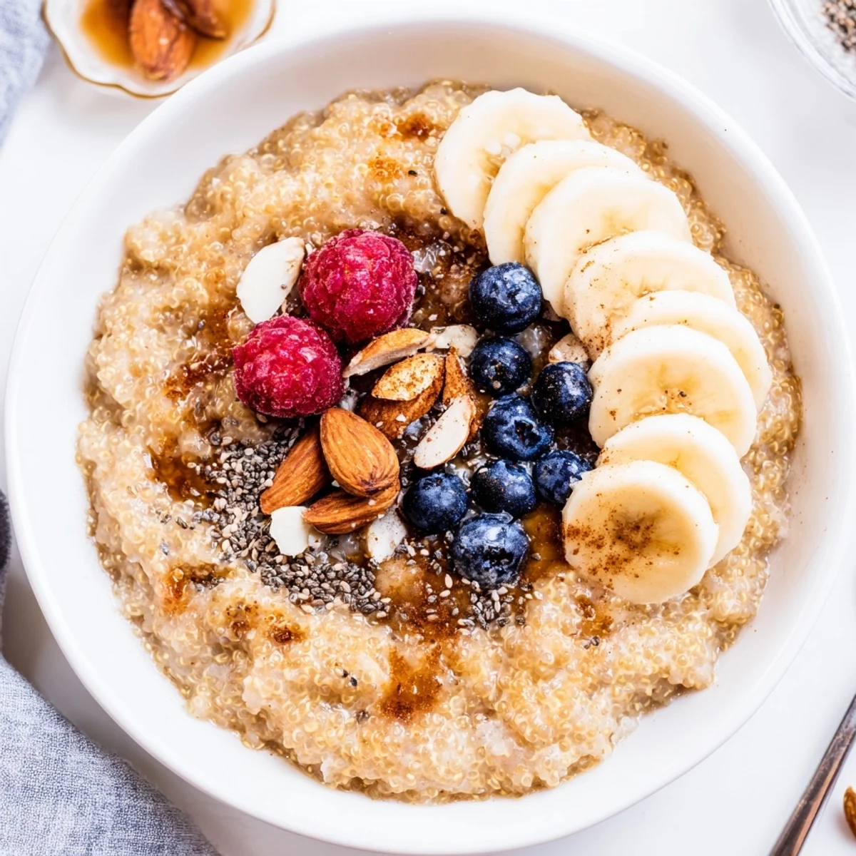 Steaming Vanilla Cinnamon Quinoa Porridge Breakfast Bowl garnished with berries and chia seeds