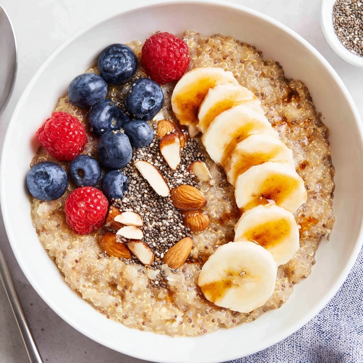 Warm Vanilla Cinnamon Quinoa Porridge Breakfast Bowl with maple drizzle and nuts  