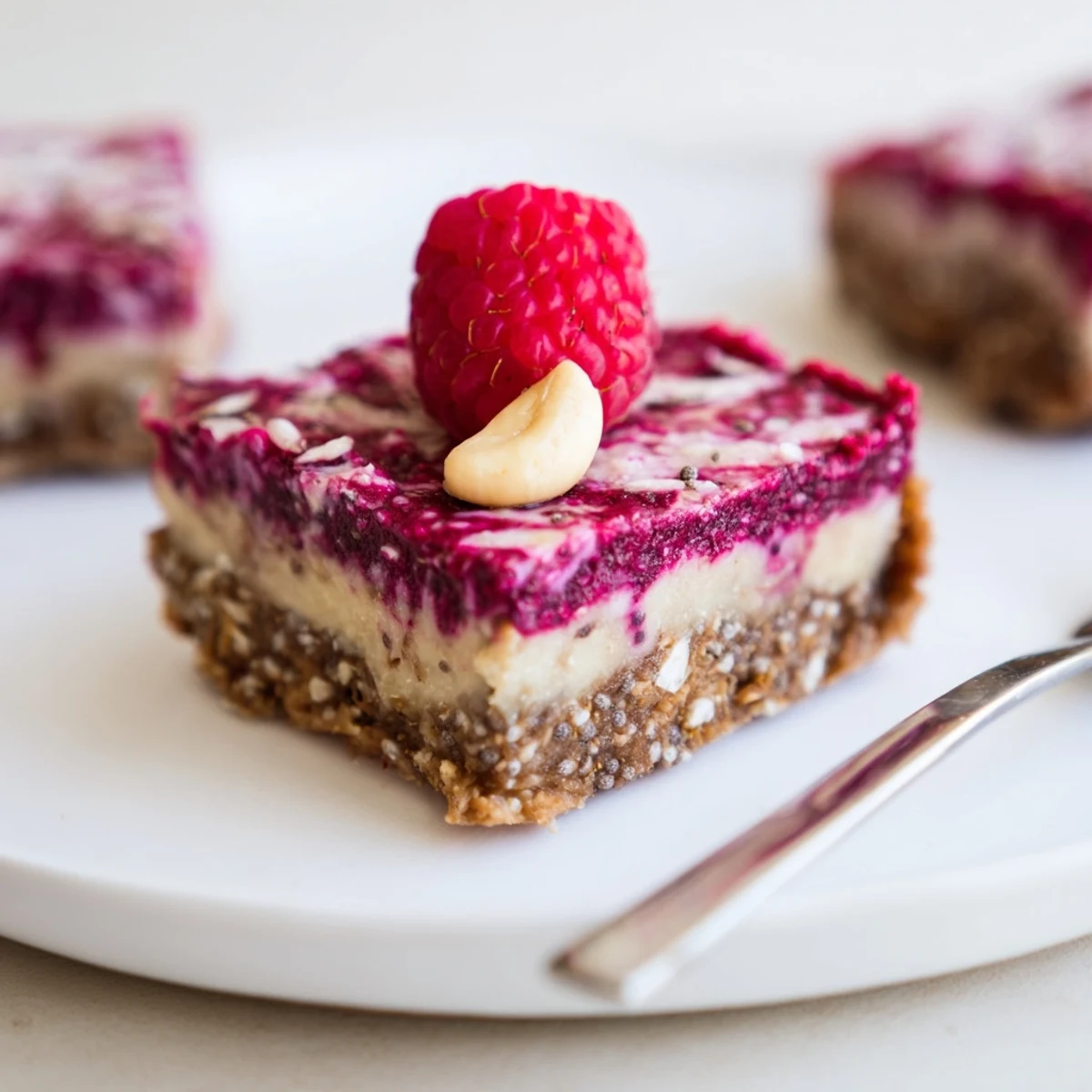Raspberry Coconut Cashew Cream Bars chilled, glossy raspberry topping over silky cashew cream