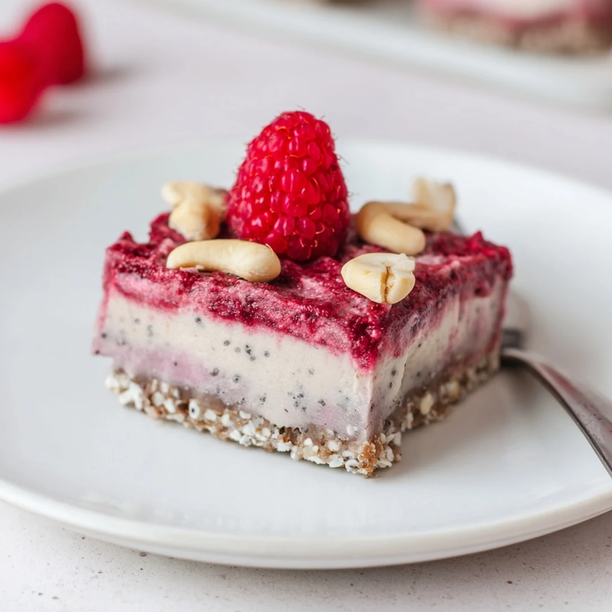 Sliced Raspberry Coconut Cashew Cream Bars on parchment, soft centers, chewy date-nut base