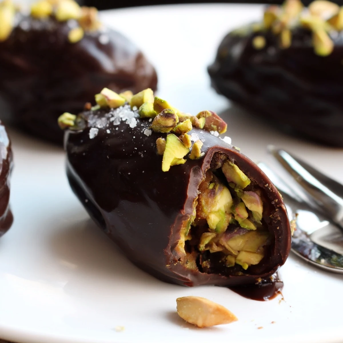 Dark Chocolate Pistachio Date Clusters glistening, bite-sized, sprinkled with flaky sea salt