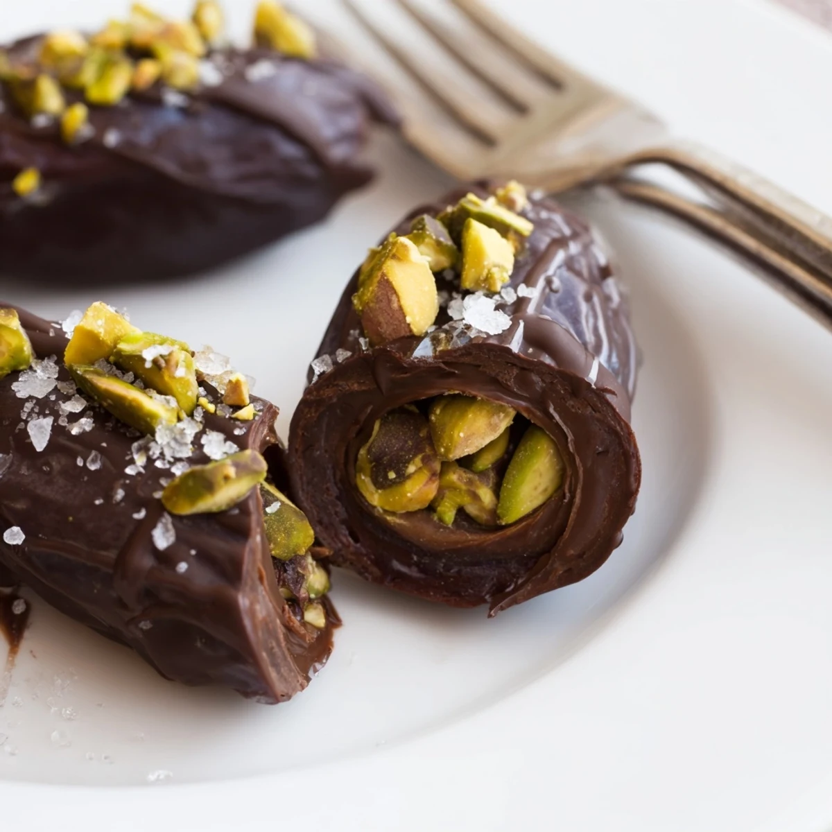 Close-up of Dark Chocolate Pistachio Date Clusters showing glossy coating and crunchy pistachios
