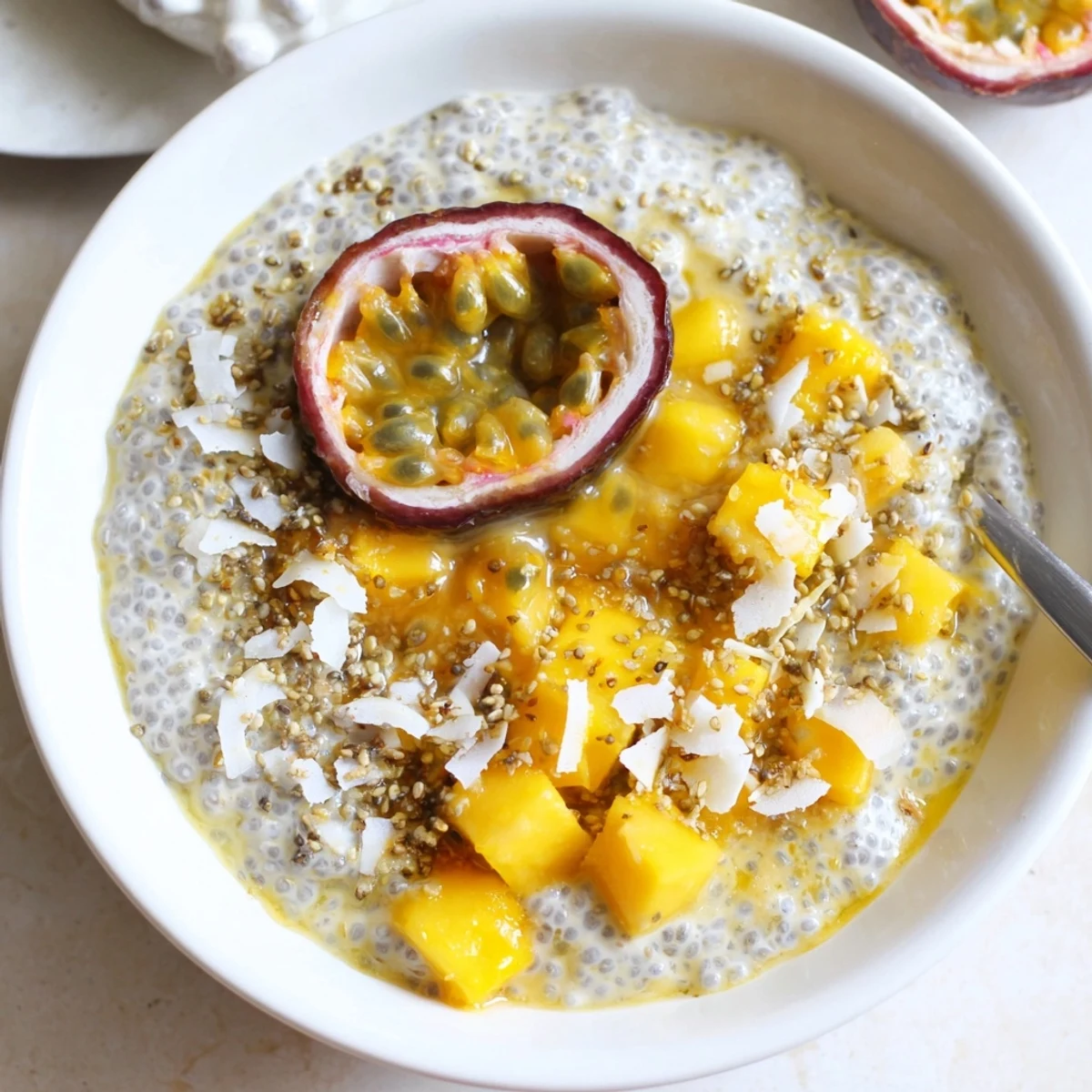 Creamy Passionfruit Coconut Vanilla Chia Breakfast Bowl topped with juicy passionfruit pulp