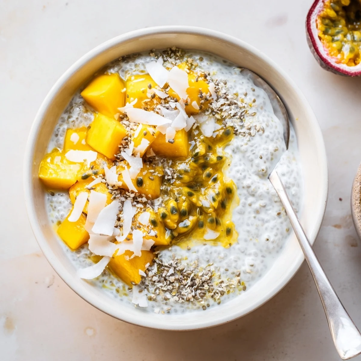 Chilled Passionfruit Coconut Vanilla Chia Breakfast Bowl garnished with shredded coconut and mango
