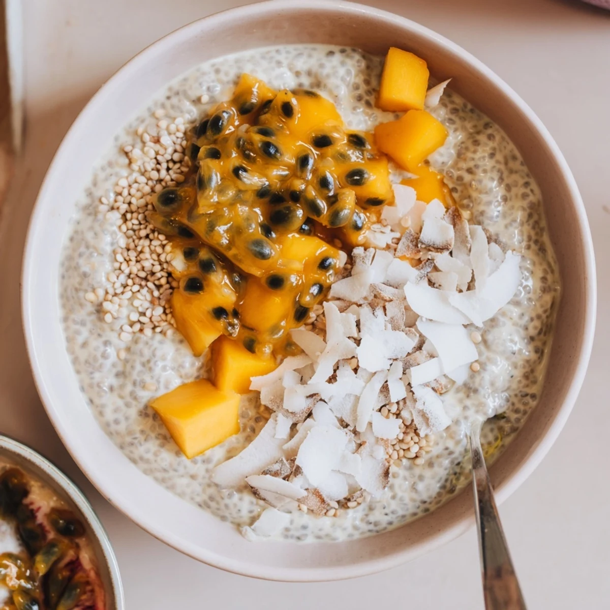 Bright Passionfruit Coconut Vanilla Chia Breakfast Bowl ready to spoon with toasted coconut