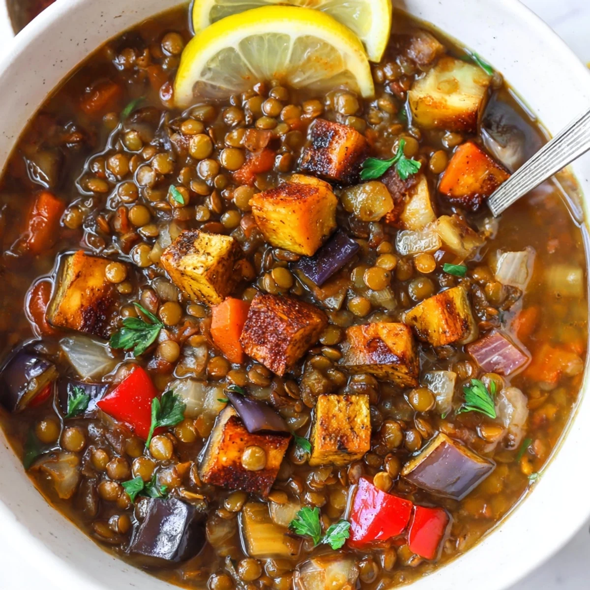 Smoky Lentil and Roasted Eggplant Hearty Soup steaming, fragrant with smoked paprika