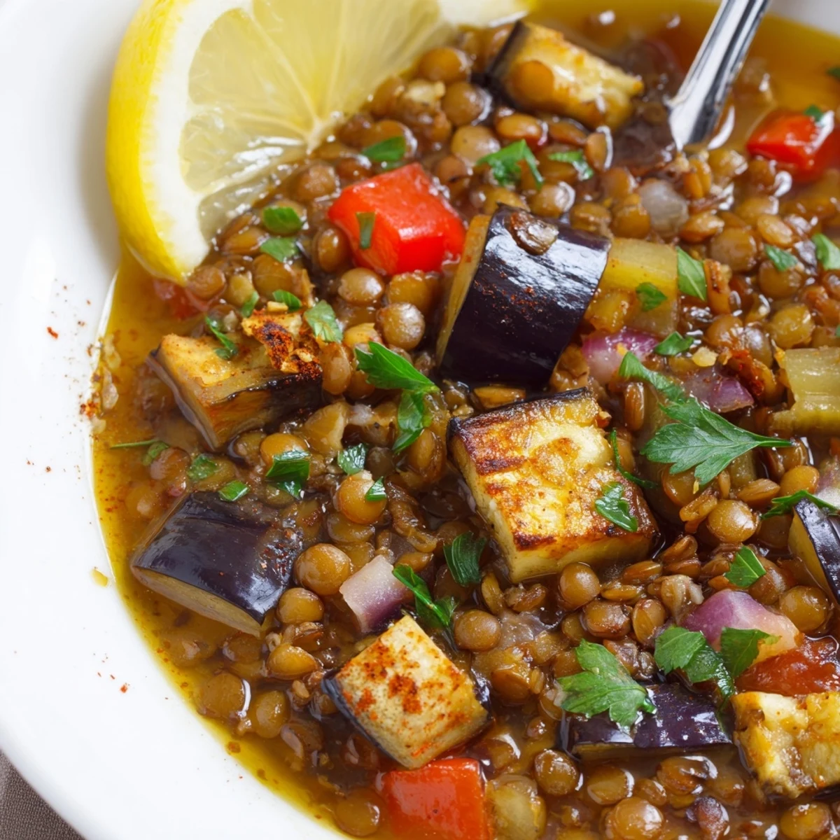 Bowl of Smoky Lentil and Roasted Eggplant Hearty Soup topped with parsley