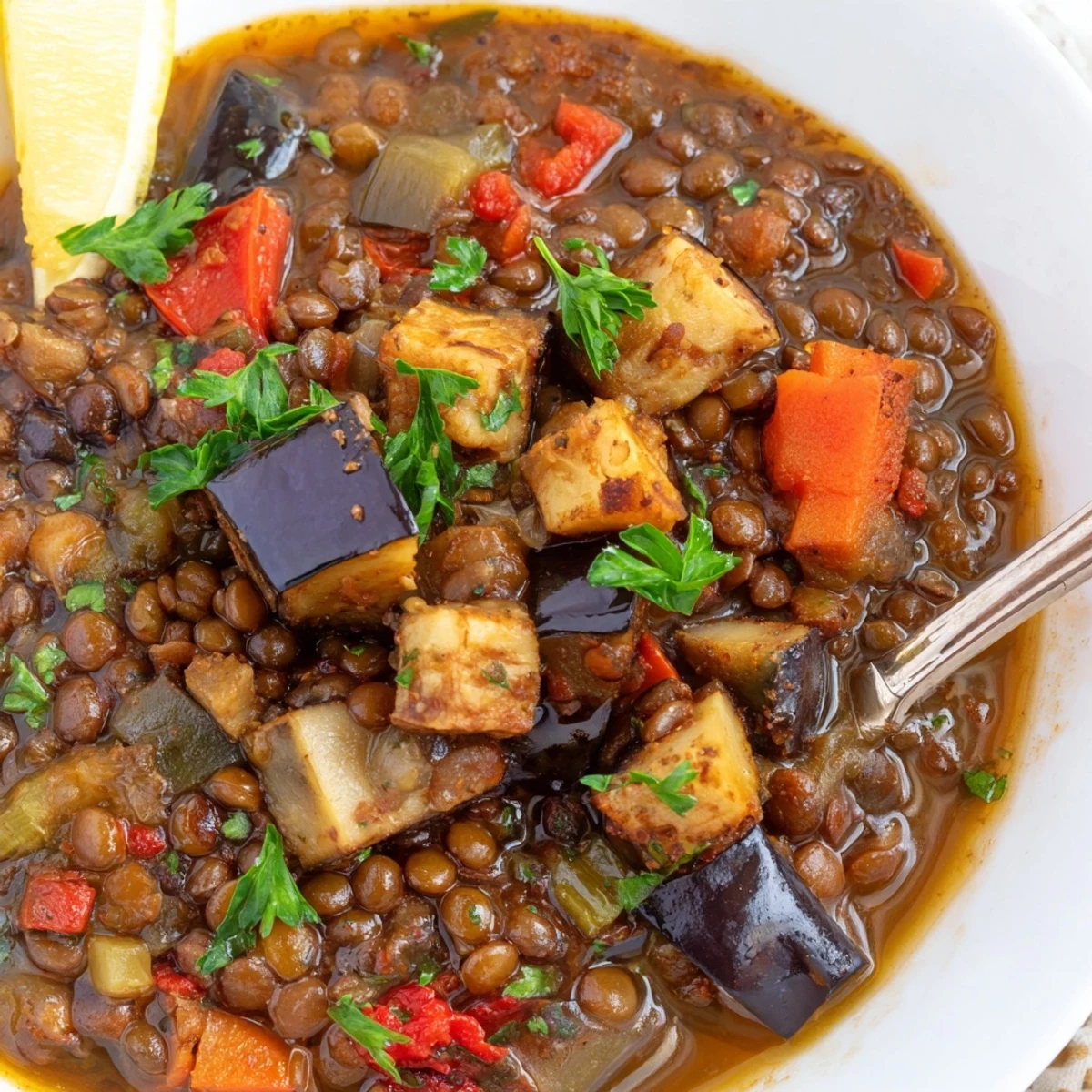 Ladle pouring Smoky Lentil and Roasted Eggplant Hearty Soup over crusty bread with lemon