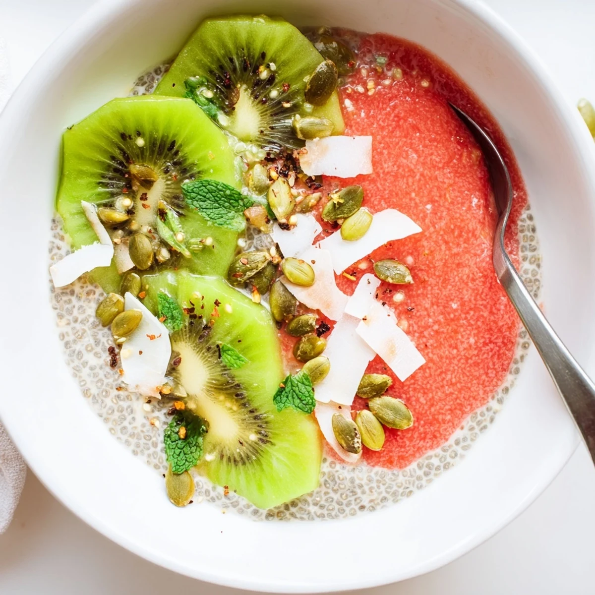 Guava Coconut Lime Chia Breakfast Bowl topped with toasted coconut and bright lime zest