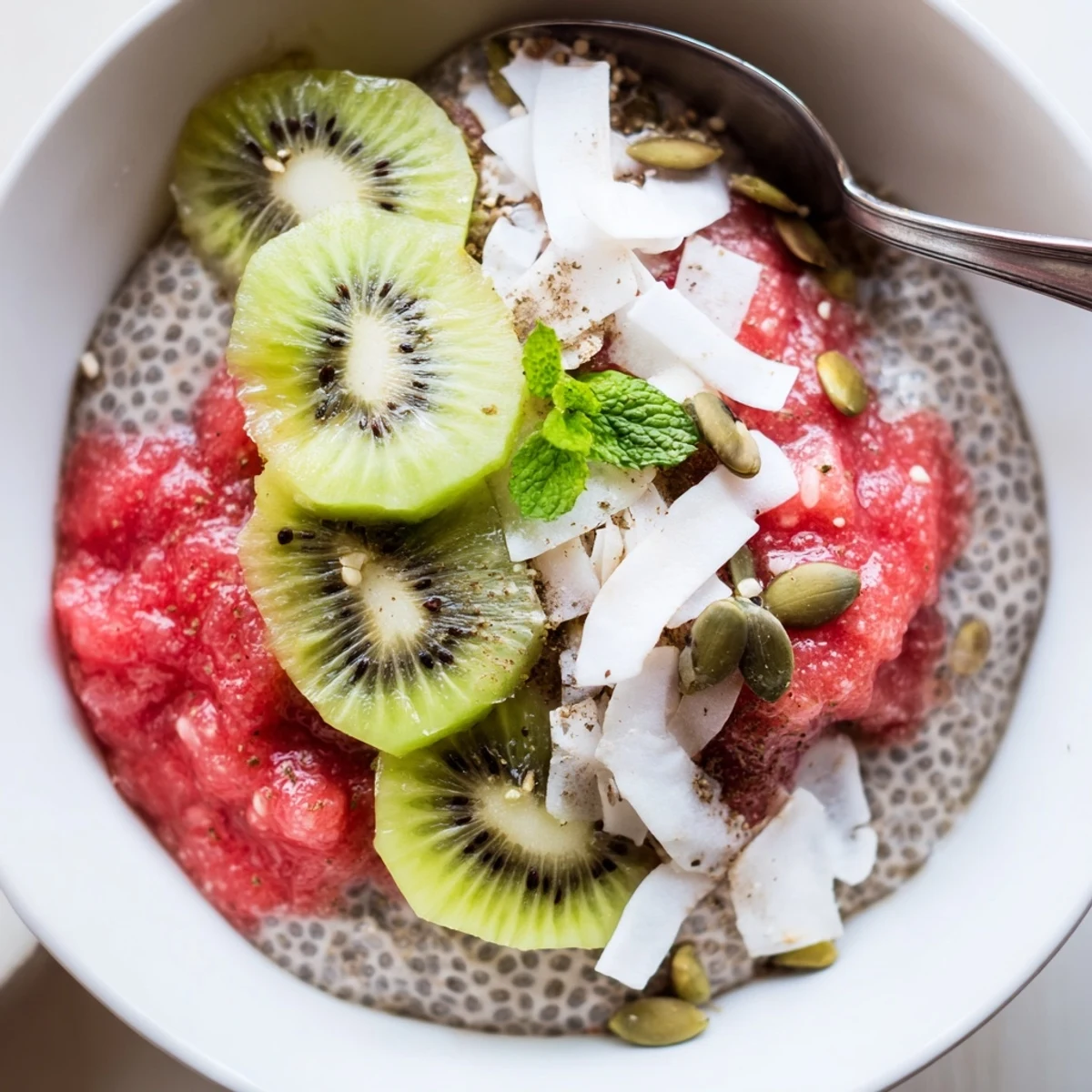 Creamy Guava Coconut Lime Chia Breakfast Bowl chilled, garnished with kiwi and mint