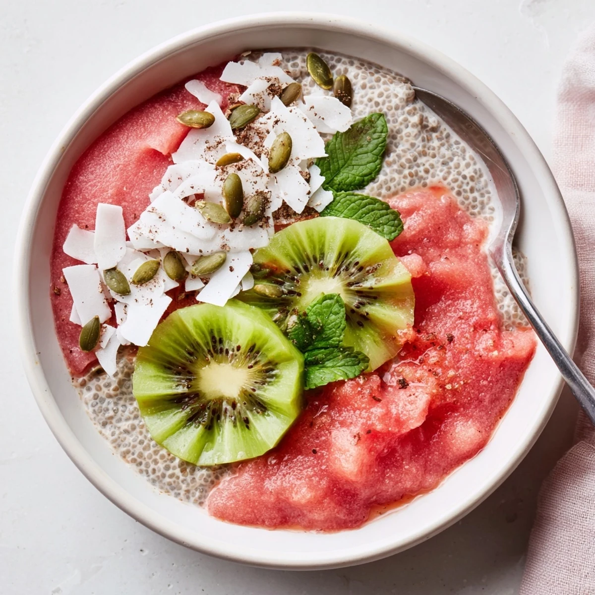 Vegan Guava Coconut Lime Chia Breakfast Bowl layered with guava puree and crunchy seeds