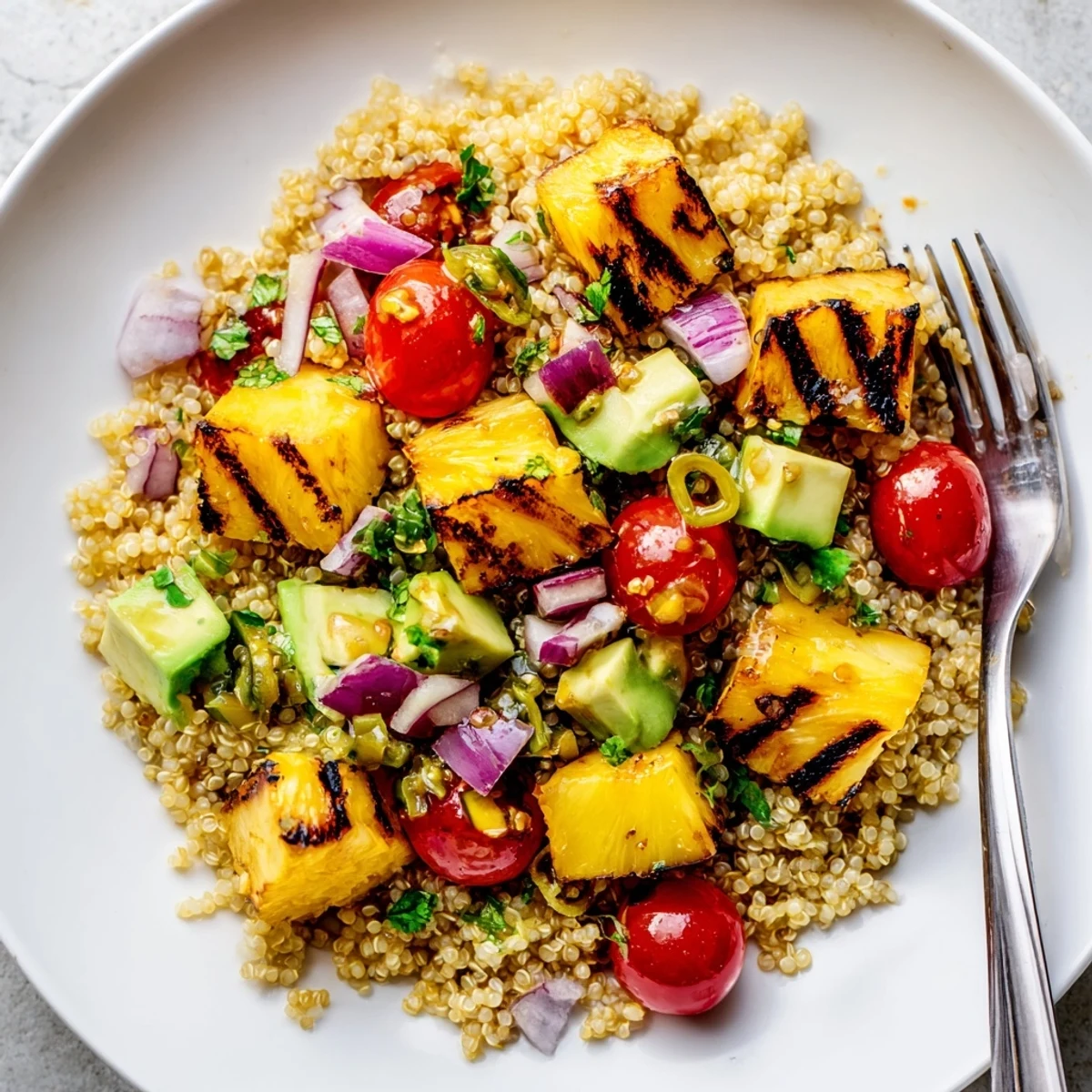 Grilled Pineapple Cilantro Quinoa Grain Salad served chilled with creamy avocado and lime