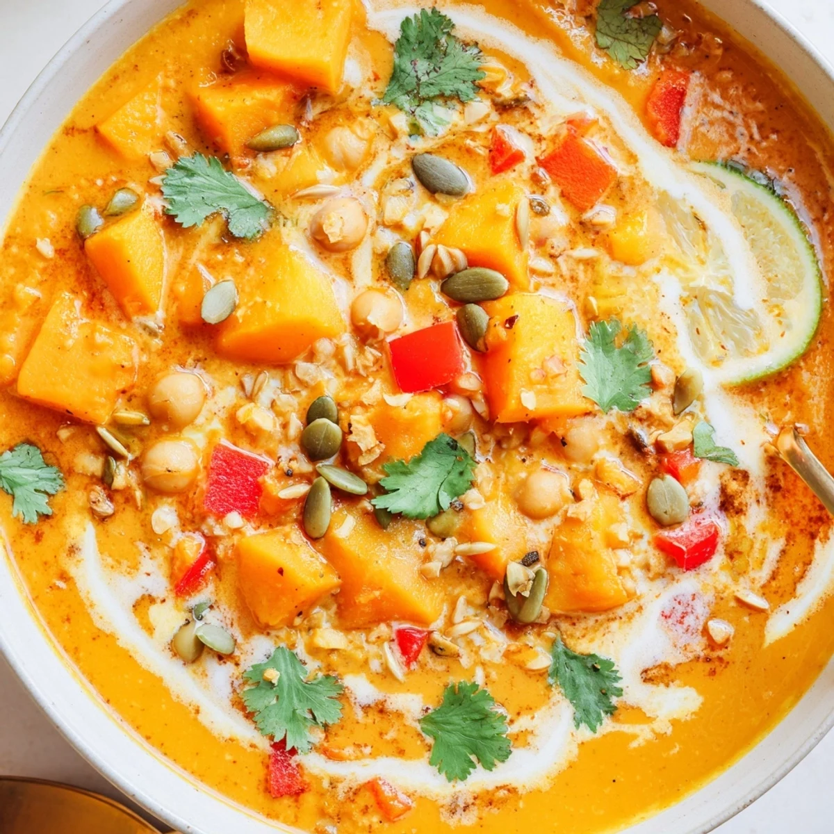 A bowl of Spiced Coconut Pumpkin Chickpea Hearty Soup, creamy and aromatic.