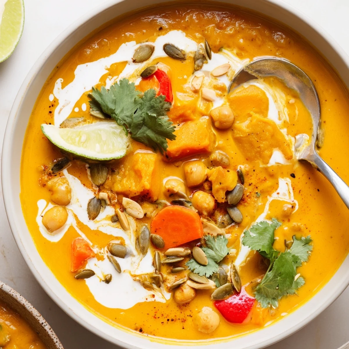 Spiced Coconut Pumpkin Chickpea Hearty Soup served with cilantro and toasted seeds.
