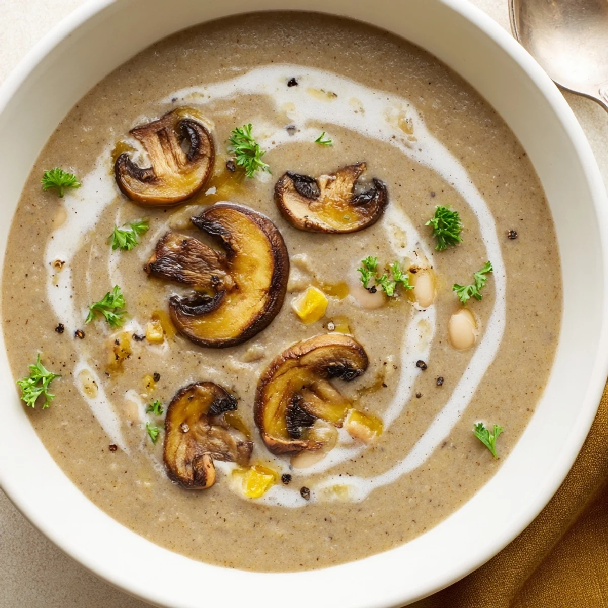 Bowl of Creamy Roasted Mushroom and White Bean Hearty Soup, velvety texture  