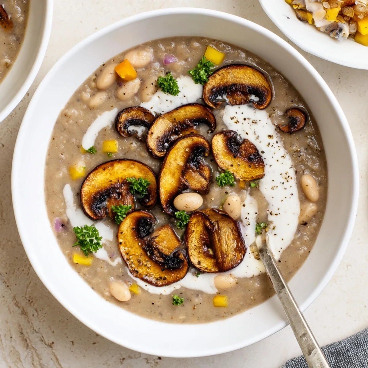 Creamy Roasted Mushroom and White Bean Hearty Soup steaming, garnished with parsley  