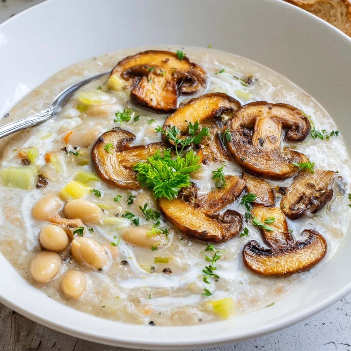 Creamy Roasted Mushroom and White Bean Hearty Soup served with warm crusty bread