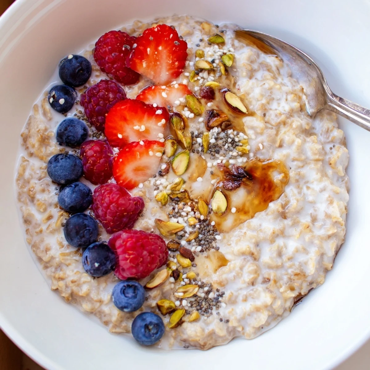 Hearty Vanilla Cardamom Oat Groats Breakfast Bowl simmered until creamy, garnished with pistachios