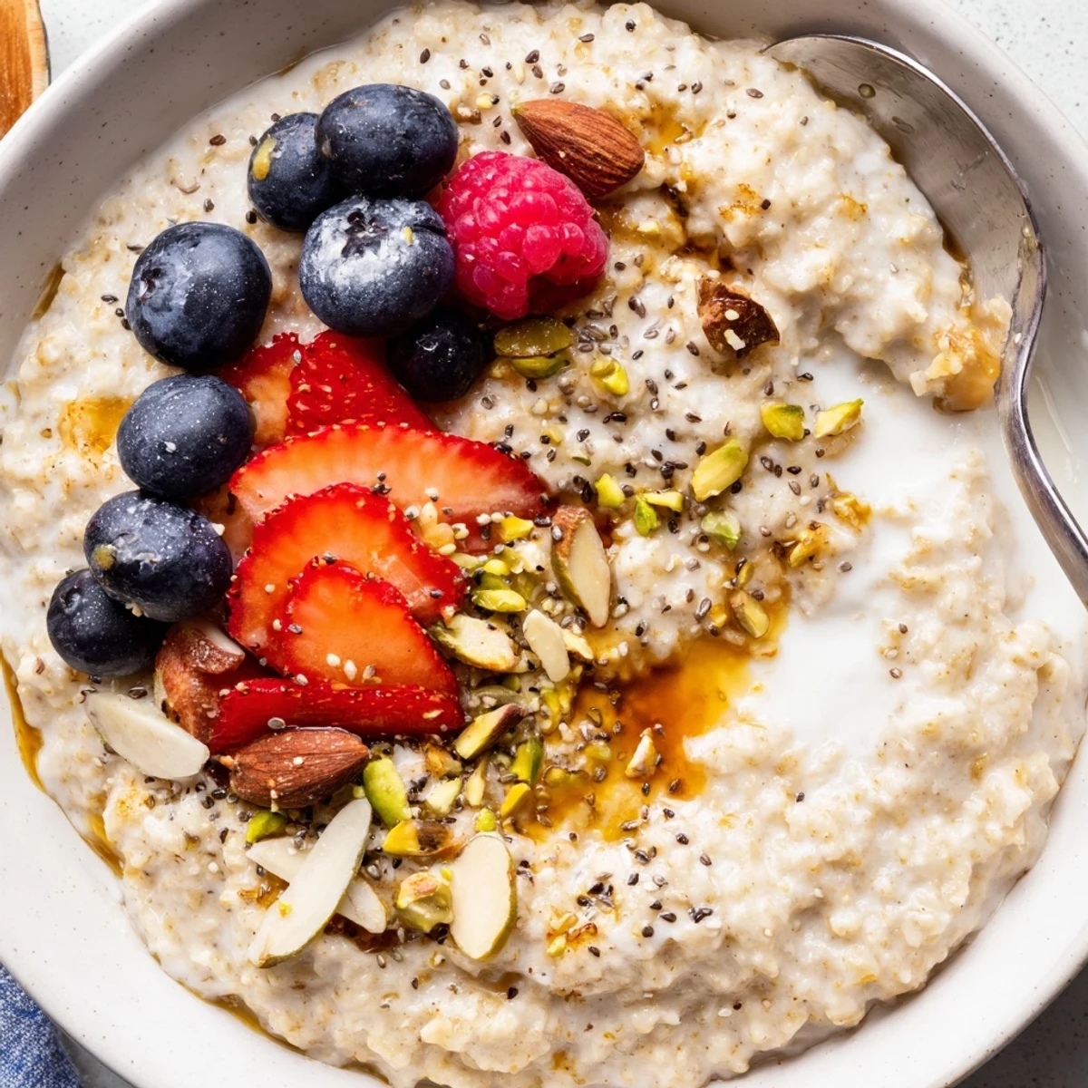 Warm Vanilla Cardamom Oat Groats Breakfast Bowl steaming, drizzled with maple syrup