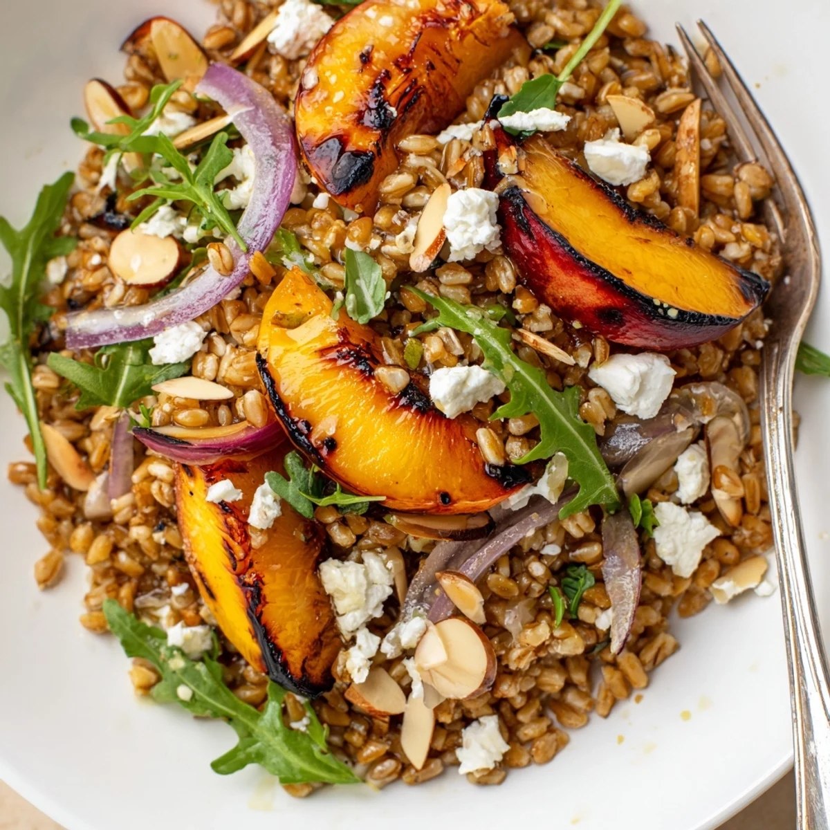 Bright Roasted Peach Thyme Farro Grain Salad piled on peppery arugula, toasted almonds