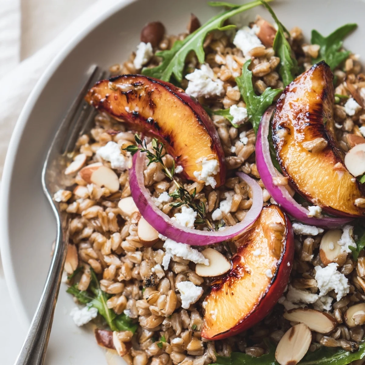Roasted Peach Thyme Farro Grain Salad with caramelized peaches and tangy feta