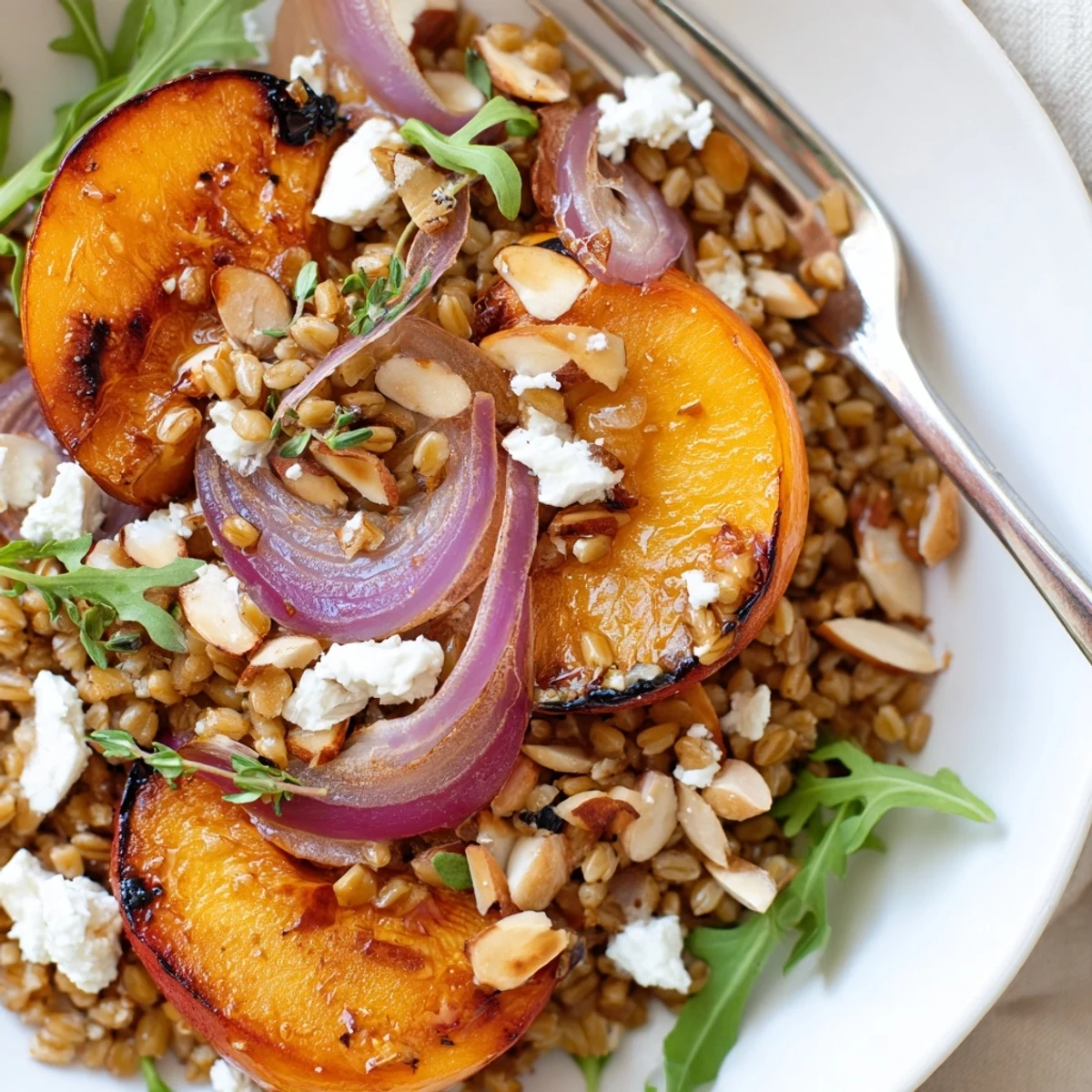 Serve Roasted Peach Thyme Farro Grain Salad chilled with honey Dijon dressing