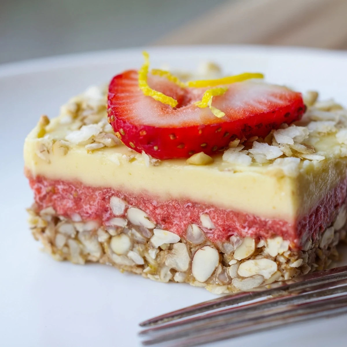 Strawberry Lemon Cashew Cream Bars chilled, creamy cashew layer with bright strawberry topping