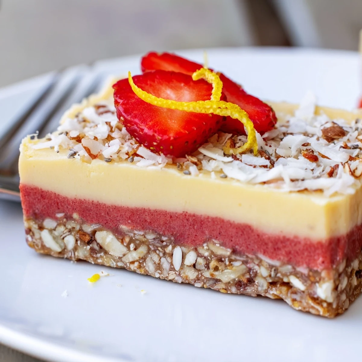 Sliced Strawberry Lemon Cashew Cream Bars on parchment, thawed slightly for creamy bite