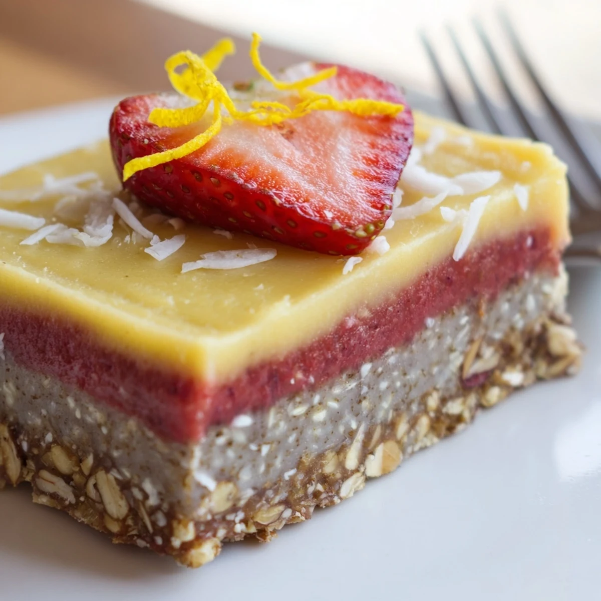 Vegan Strawberry Lemon Cashew Cream Bars garnished with lemon zest and sliced strawberries