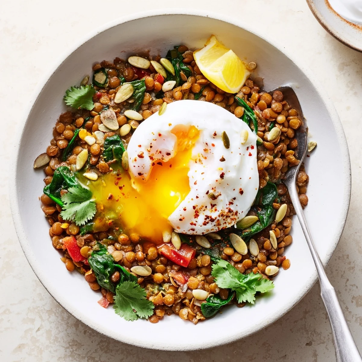 Warm Savory Spiced Lentil and Spinach Breakfast Bowl with fried egg and seeds