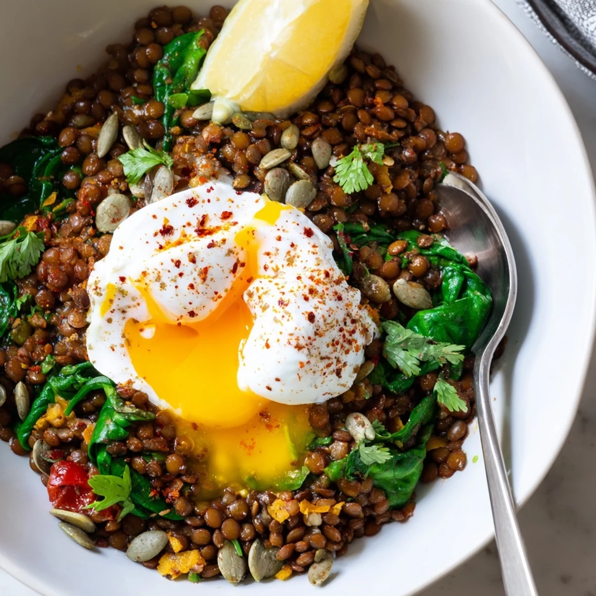 Savory Spiced Lentil and Spinach Breakfast Bowl topped with creamy yogurt and lemon