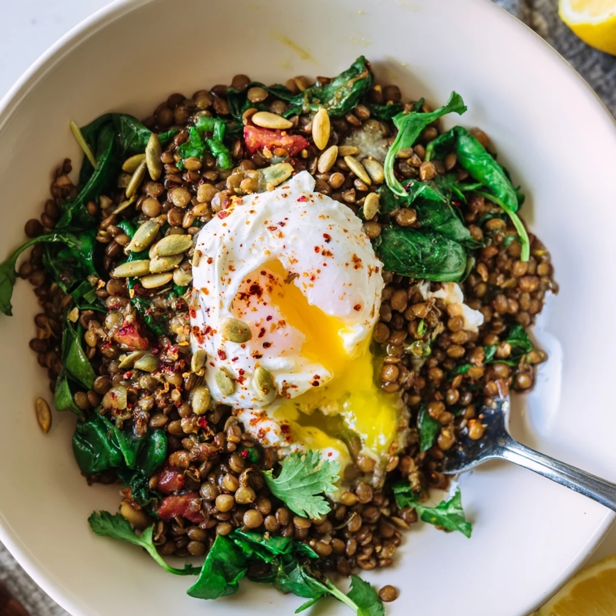 Aromatic Savory Spiced Lentil and Spinach Breakfast Bowl served with whole-grain toast