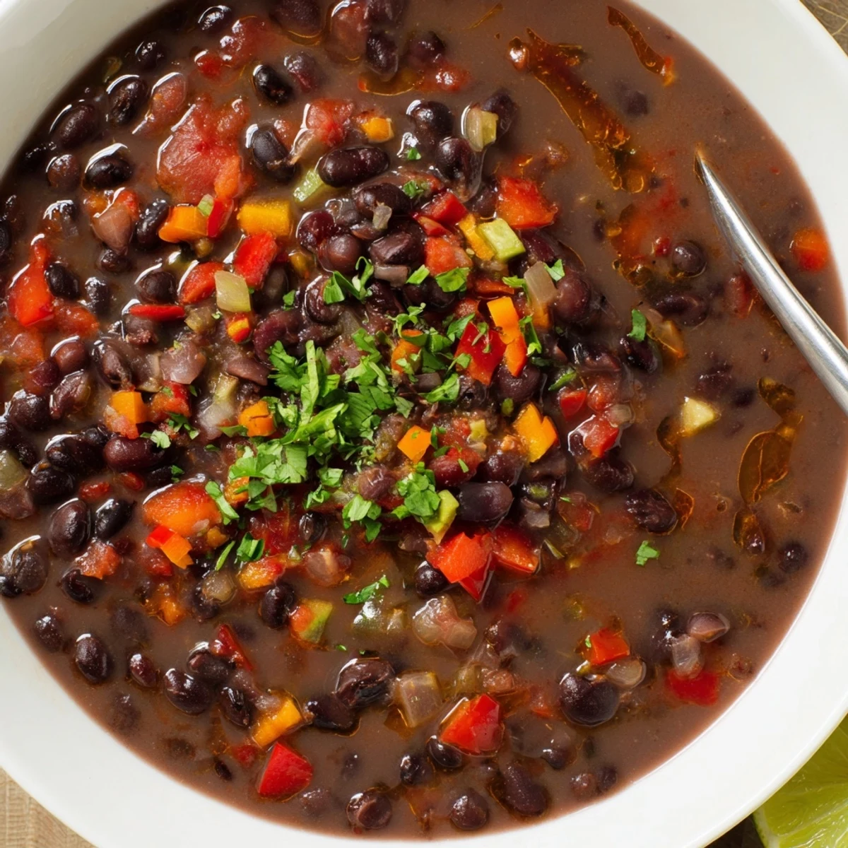 Steaming Smoky Black Bean and Tomato Hearty Soup, garnished with cilantro.