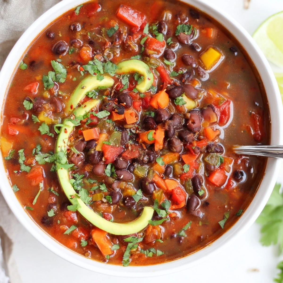 Smoky Black Bean and Tomato Hearty Soup ladled into bowl, paired with crusty bread.