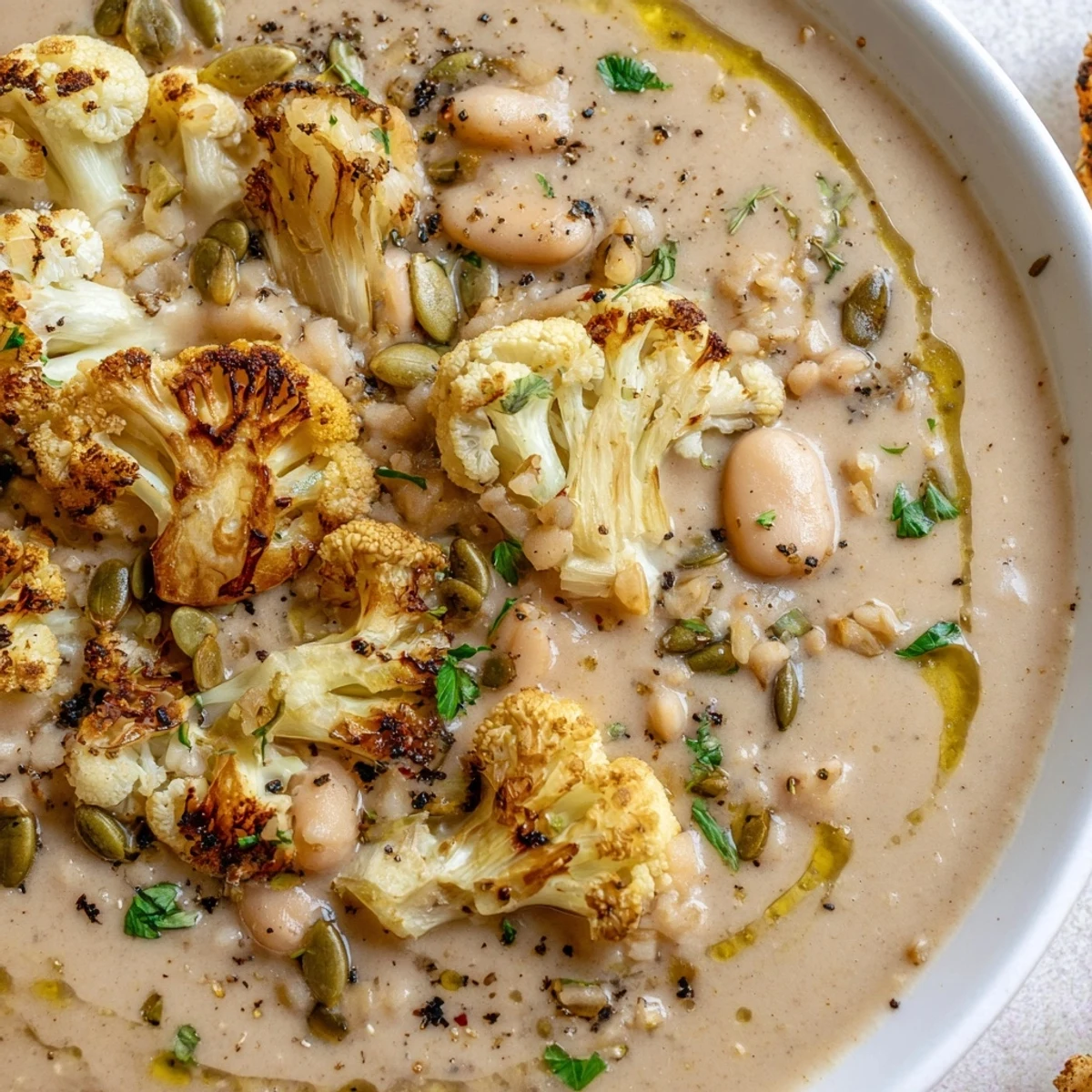 Creamy Roasted Cauliflower and White Bean Hearty Soup steaming, garnished with parsley