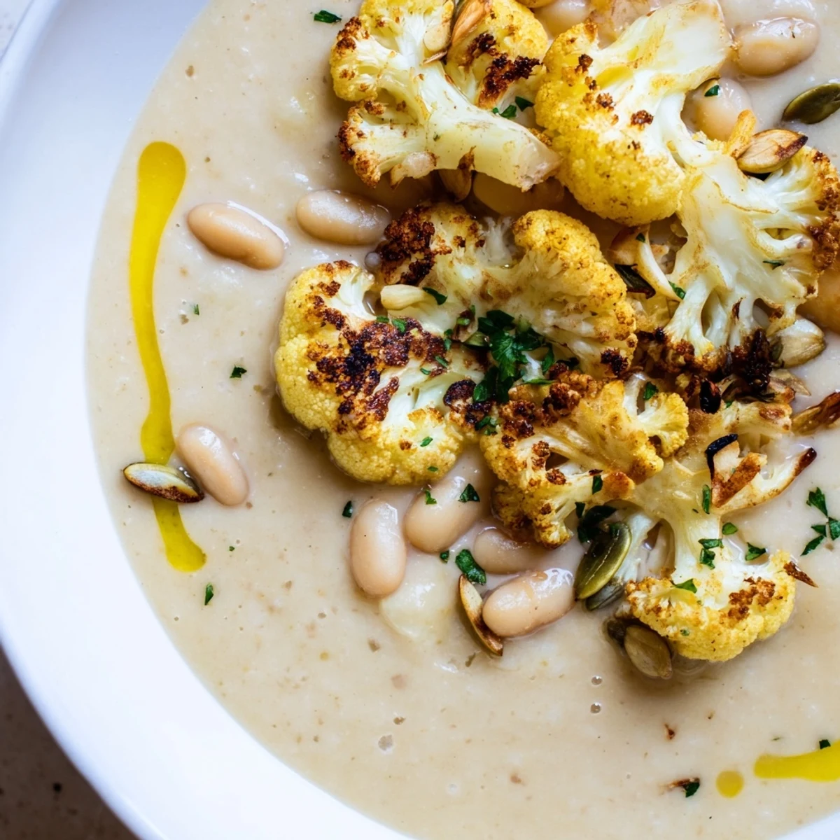 Bowl of Creamy Roasted Cauliflower and White Bean Hearty Soup with crusty bread