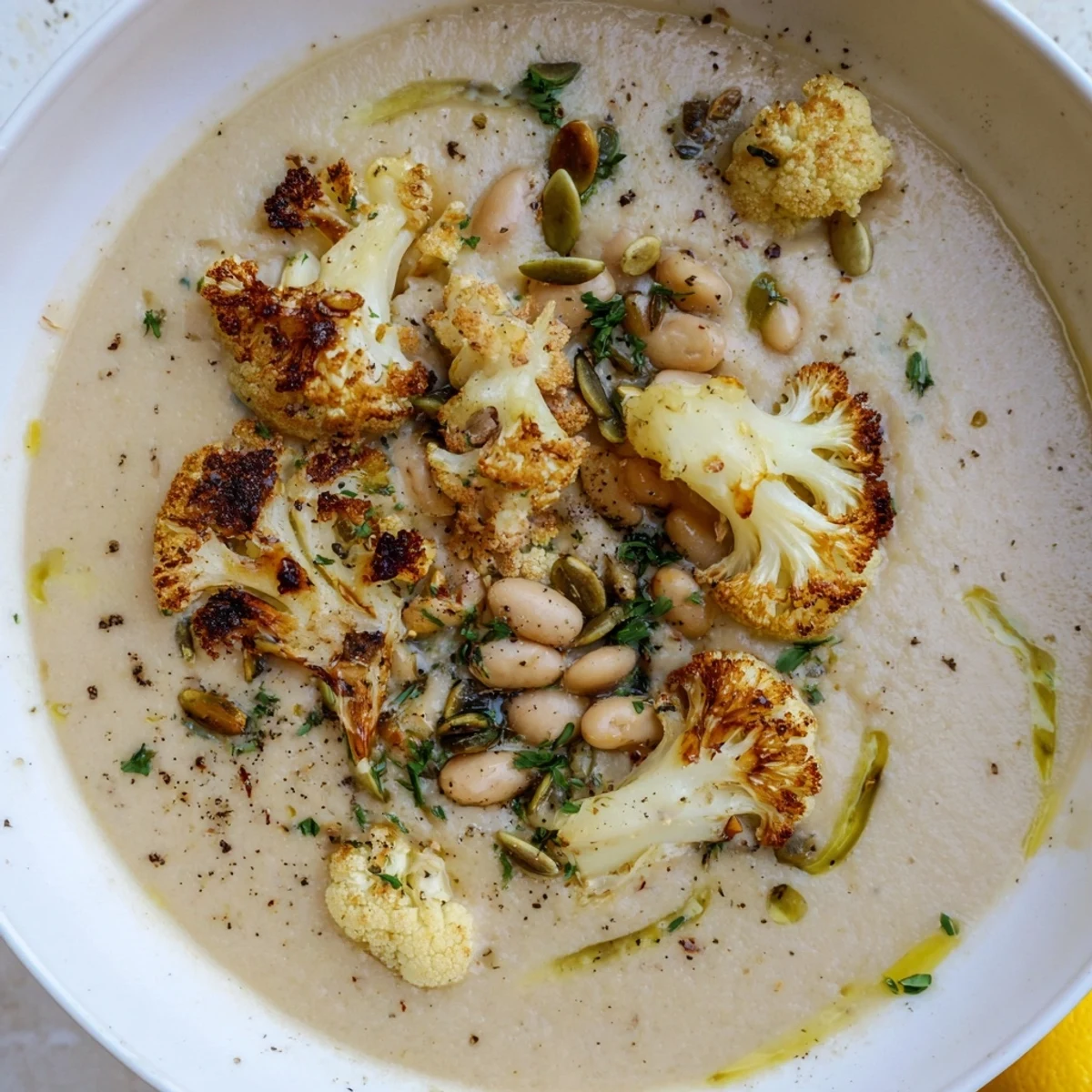 Creamy Roasted Cauliflower and White Bean Hearty Soup topped with toasted pumpkin seeds