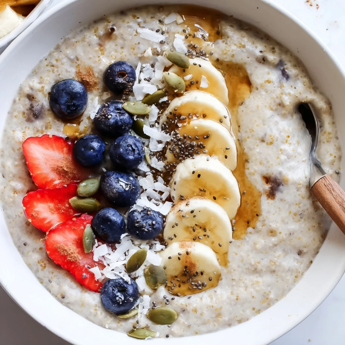 Vanilla Maple Amaranth Porridge Breakfast Bowl, warm and creamy, topped with berries