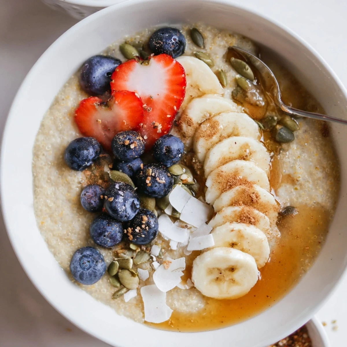 Hearty Vanilla Maple Amaranth Porridge Breakfast Bowl served warm with banana slices