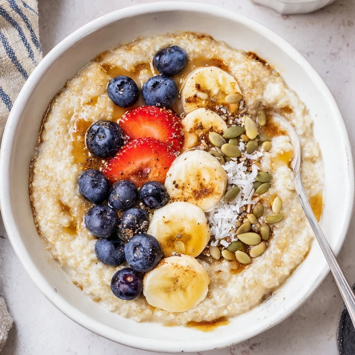 Creamy Vanilla Maple Amaranth Porridge Breakfast Bowl drizzled with maple syrup, coconut