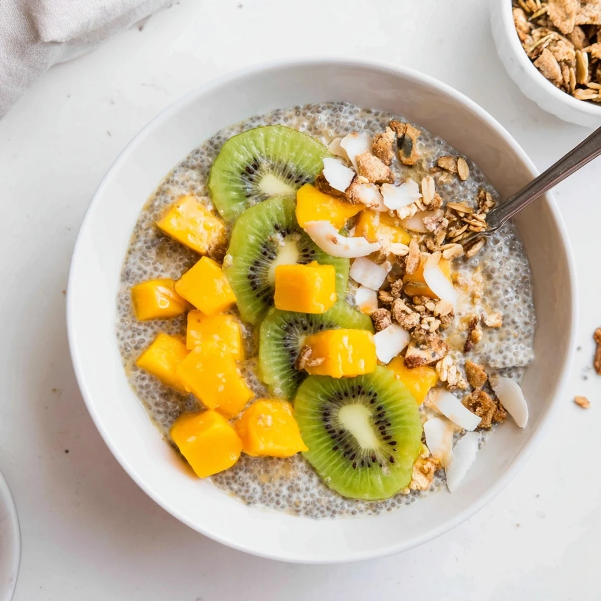 Creamy chilled Kiwi Mango Coconut Chia Breakfast Bowl topped with sliced mango  