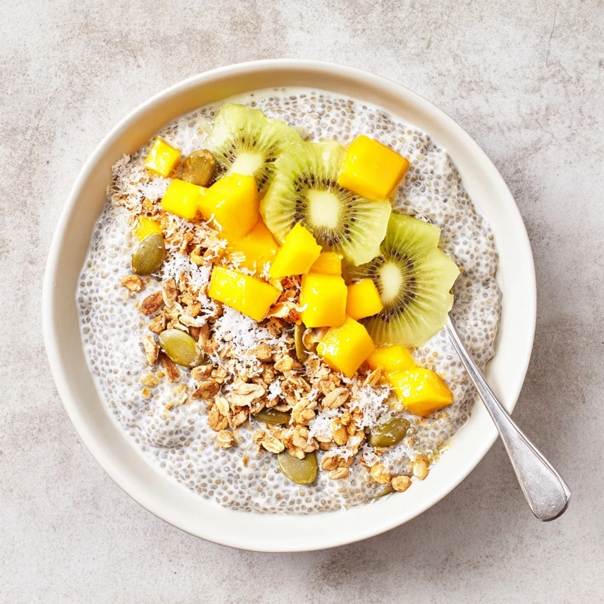 Vibrant Kiwi Mango Coconut Chia Breakfast Bowl garnished with toasted coconut and granola  
