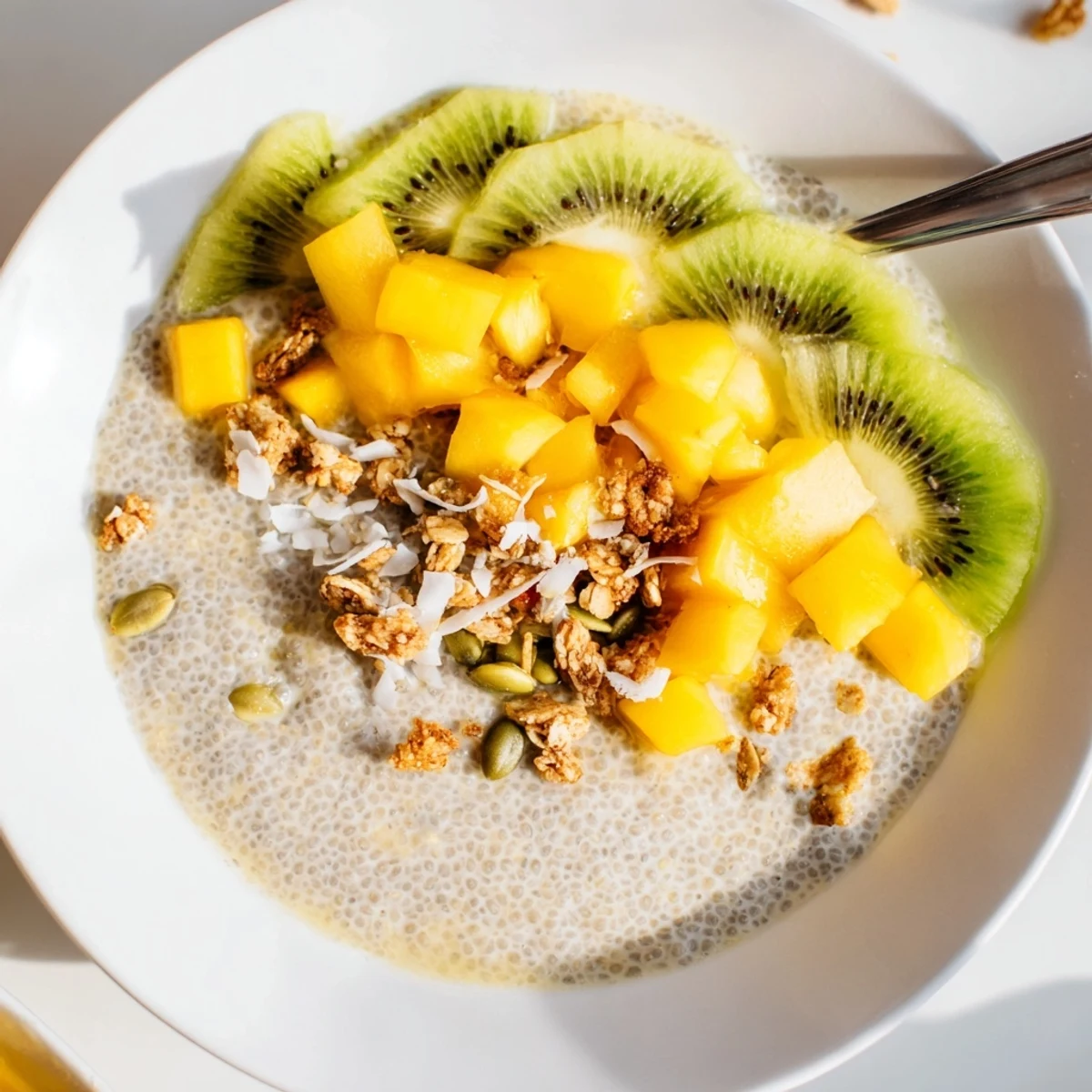 Chilled Kiwi Mango Coconut Chia Breakfast Bowl with tangy kiwi, crunchy pumpkin seeds