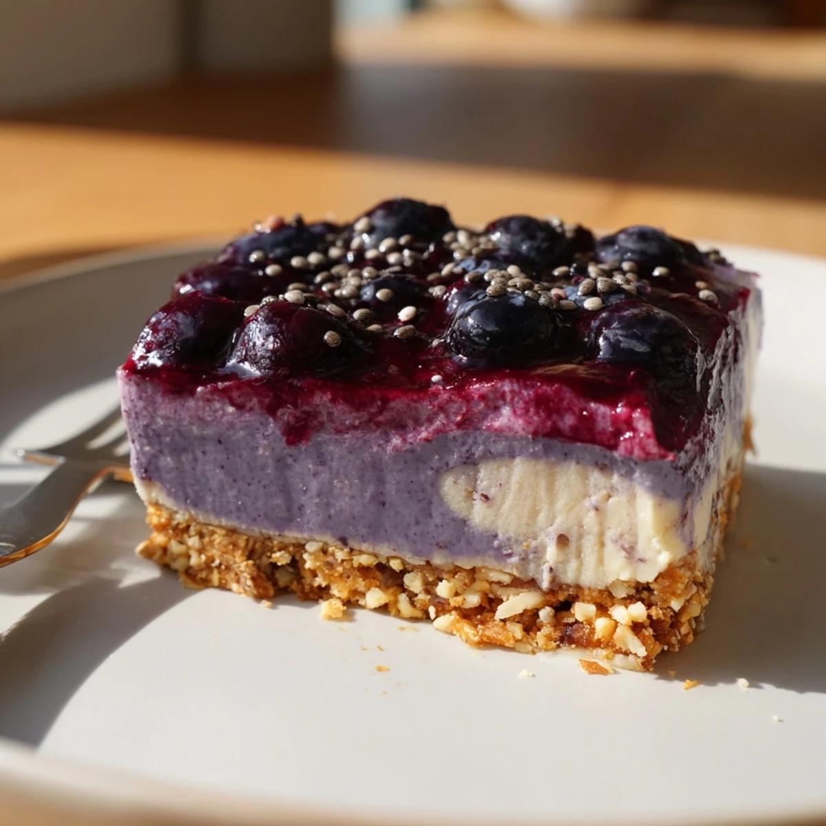 Blueberry Vanilla Cashew Cream Bars chilled on parchment, glossy compote and creamy layers.