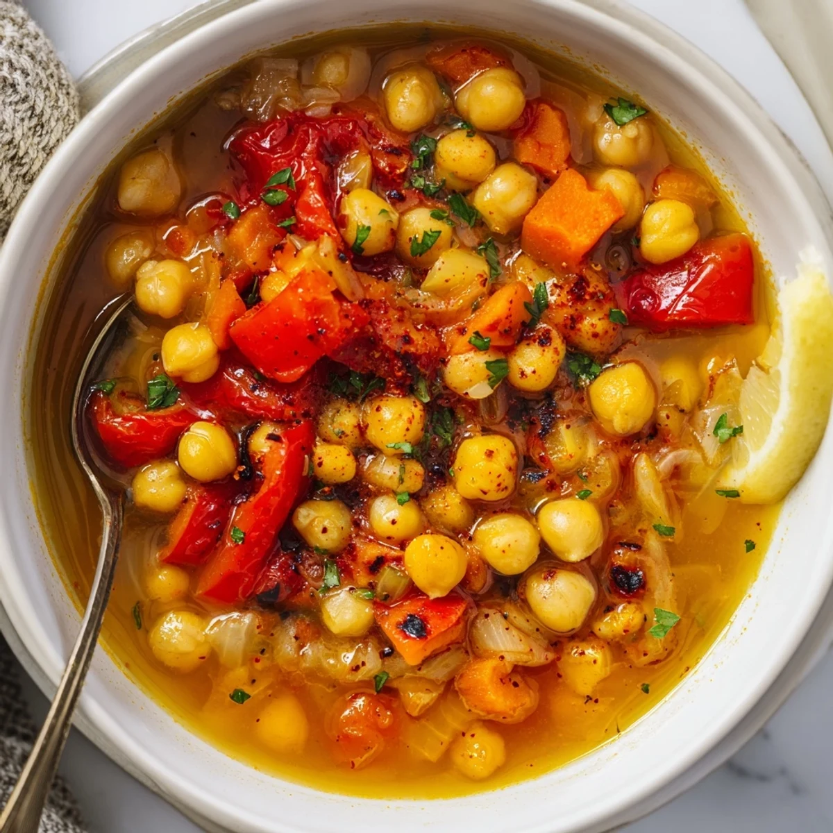 Warm Smoky Chickpea and Roasted Pepper Hearty Soup ladled beside lemon wedges.