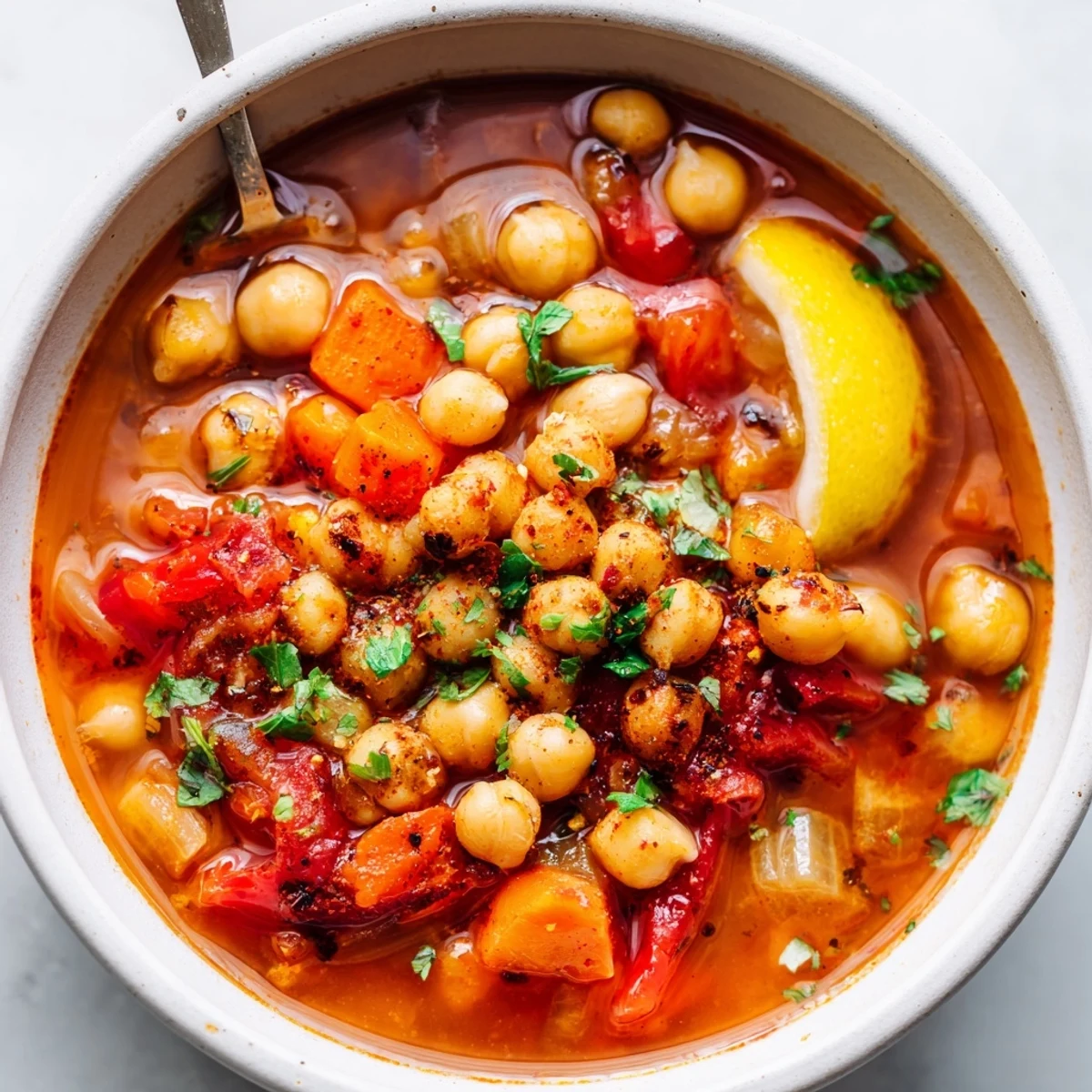 Smoky Chickpea and Roasted Pepper Hearty Soup steaming in bowl, garnished with parsley.