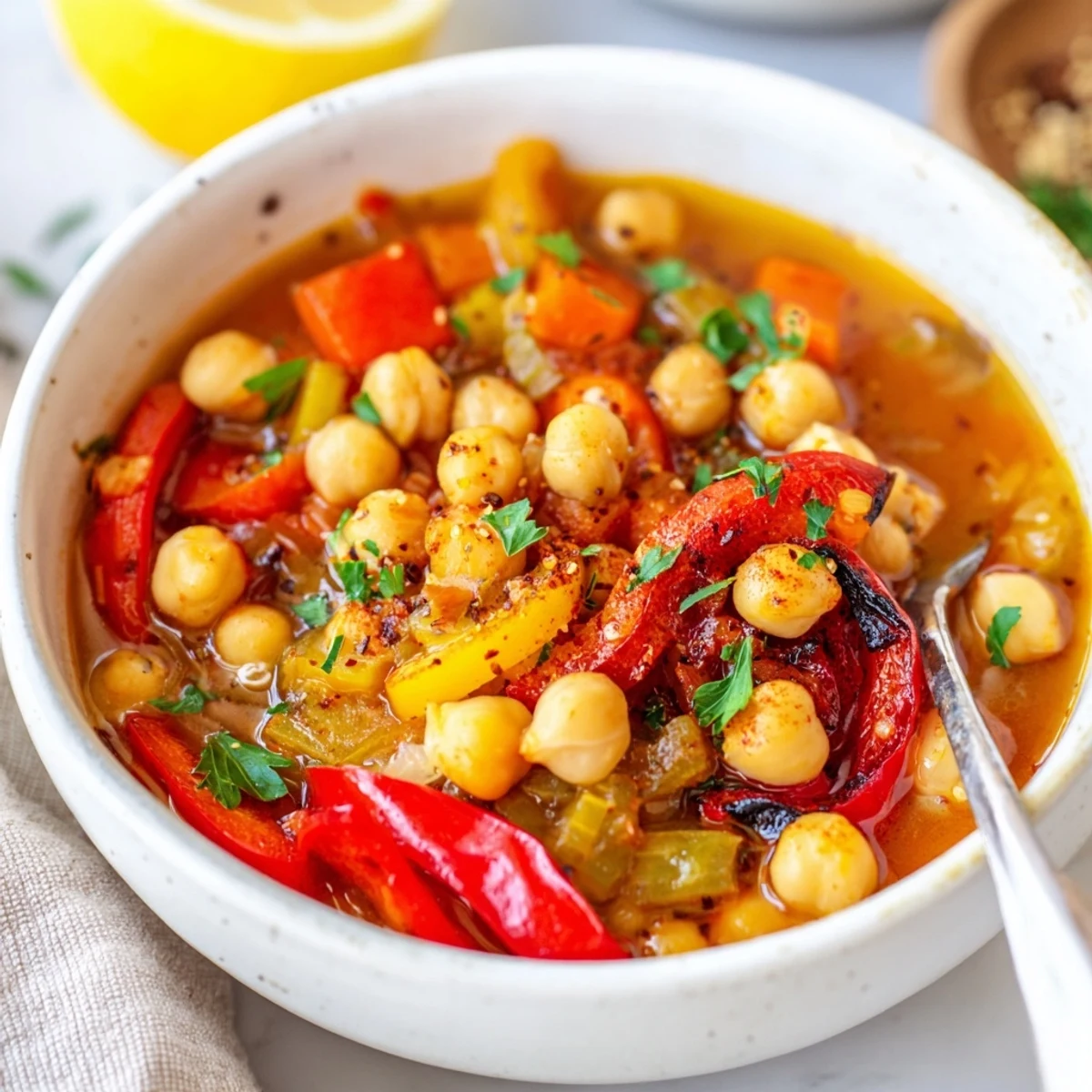Bowl of Smoky Chickpea and Roasted Pepper Hearty Soup, chunky texture, crusty bread.