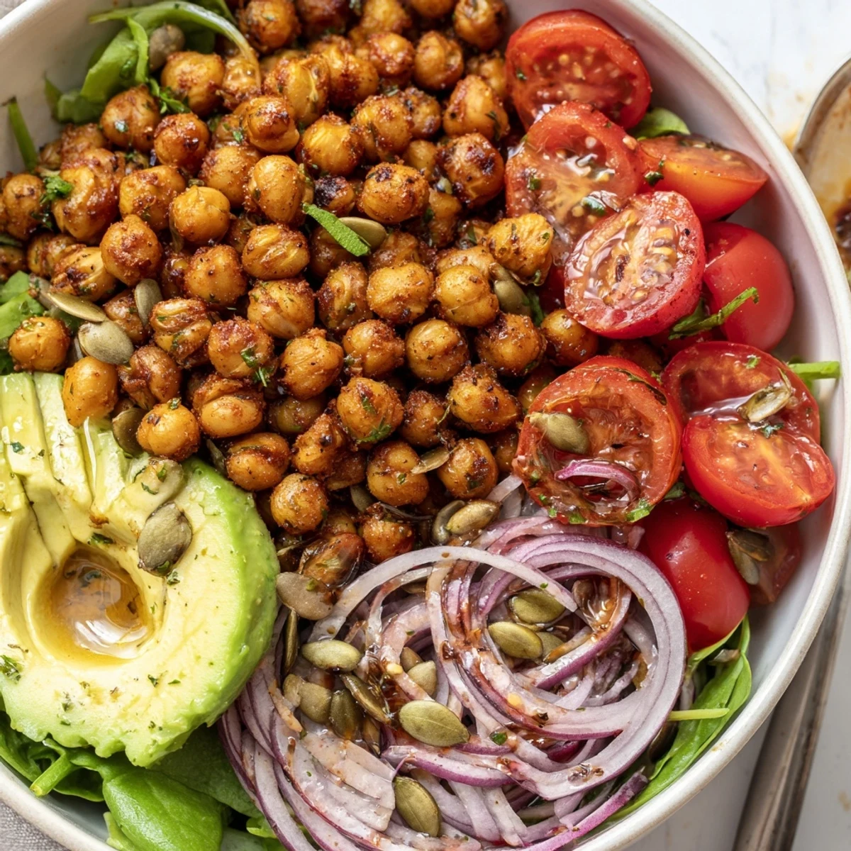 Savory Lemon Herb Chickpea and Avocado Breakfast Bowl with warm, golden sautéed chickpeas.