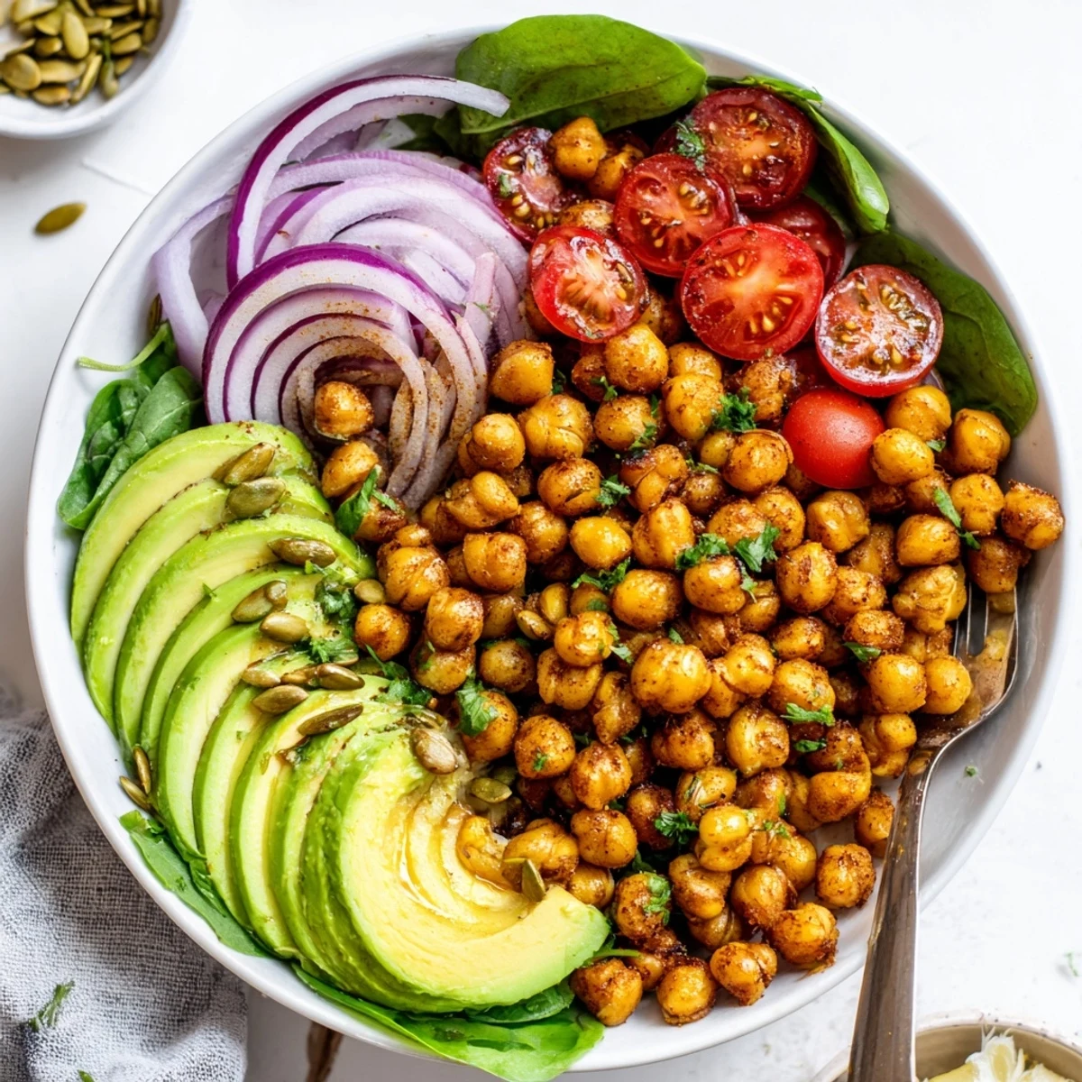 Savory Lemon Herb Chickpea and Avocado Breakfast Bowl served with toasted pepitas, lemon wedges.