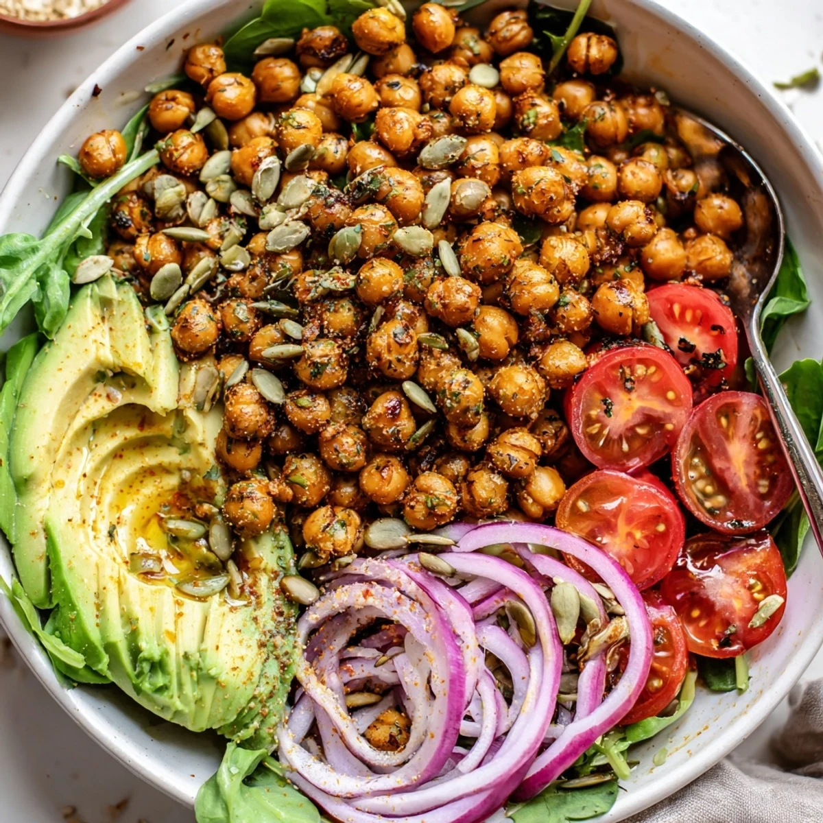 Topped with creamy avocado slices, Savory Lemon Herb Chickpea and Avocado Breakfast Bowl shines.